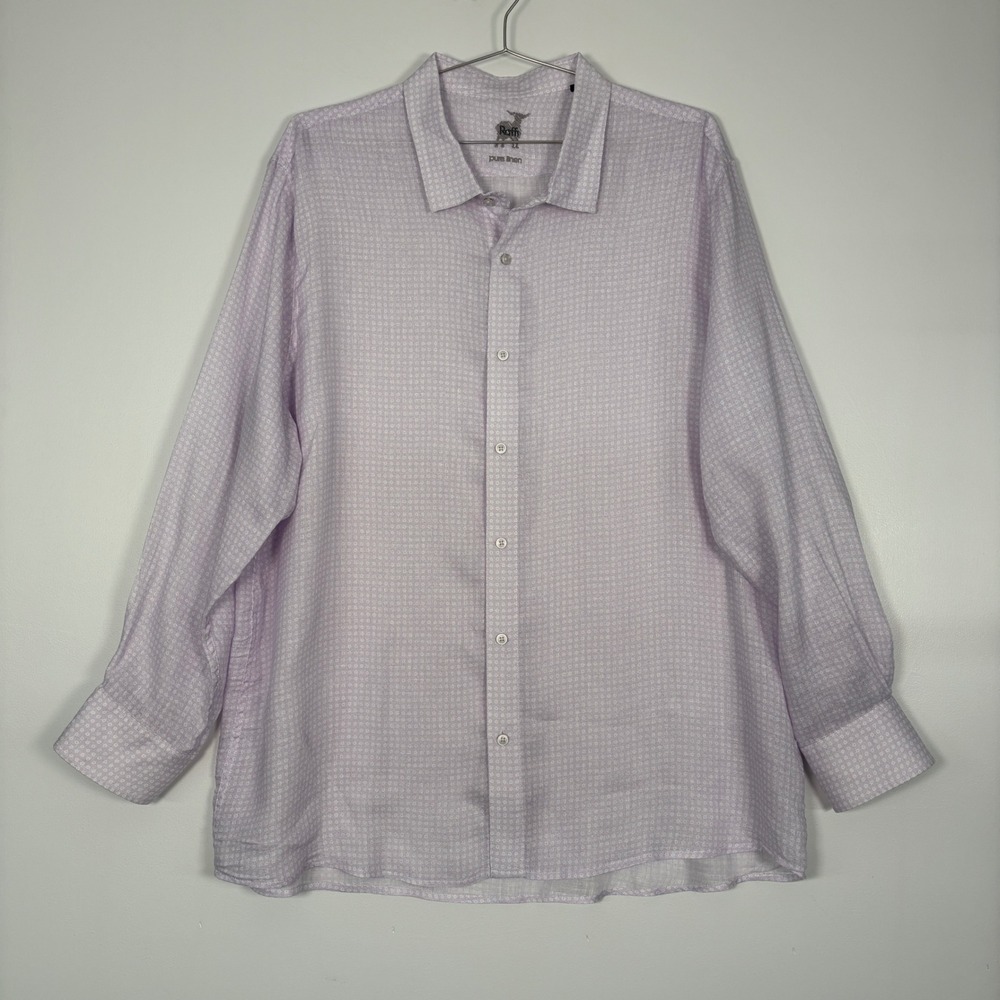 Raffi Mens Button Down Shirt XXL Lavender Purple Pure Linen Geometric Dot Print